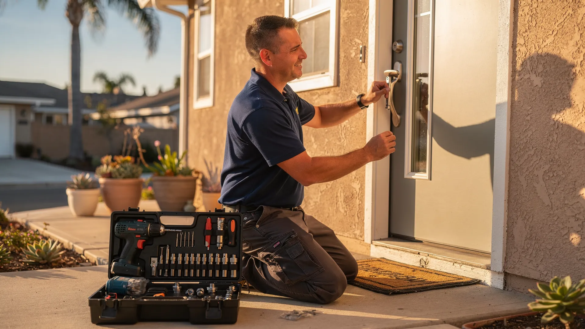 Julian's Locksmith technician installing a new deadbolt on a Southern California home's front door