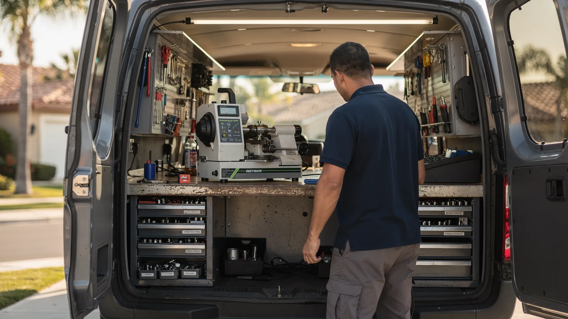 Fully equipped locksmith service van with key-cutting machine and organized key blanks