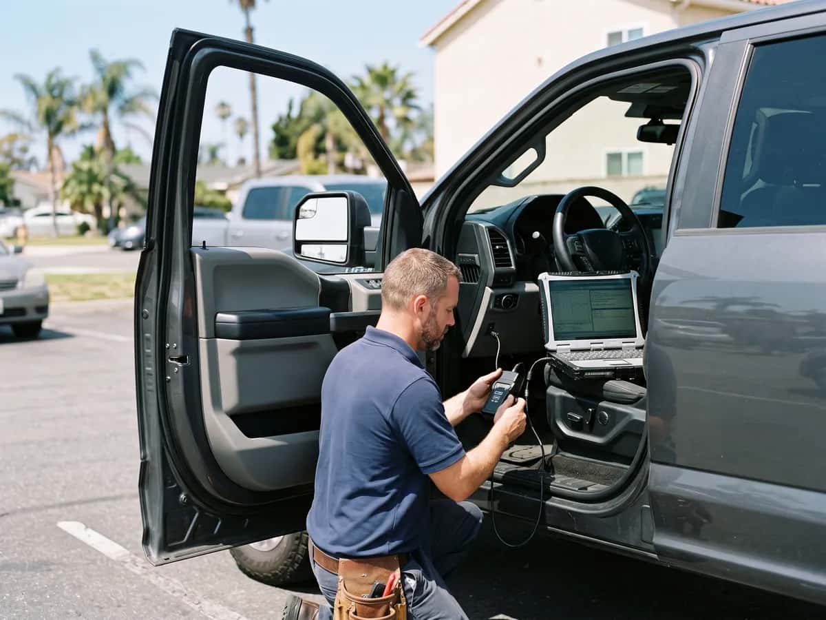 Automotive locksmith working on a pickup truck