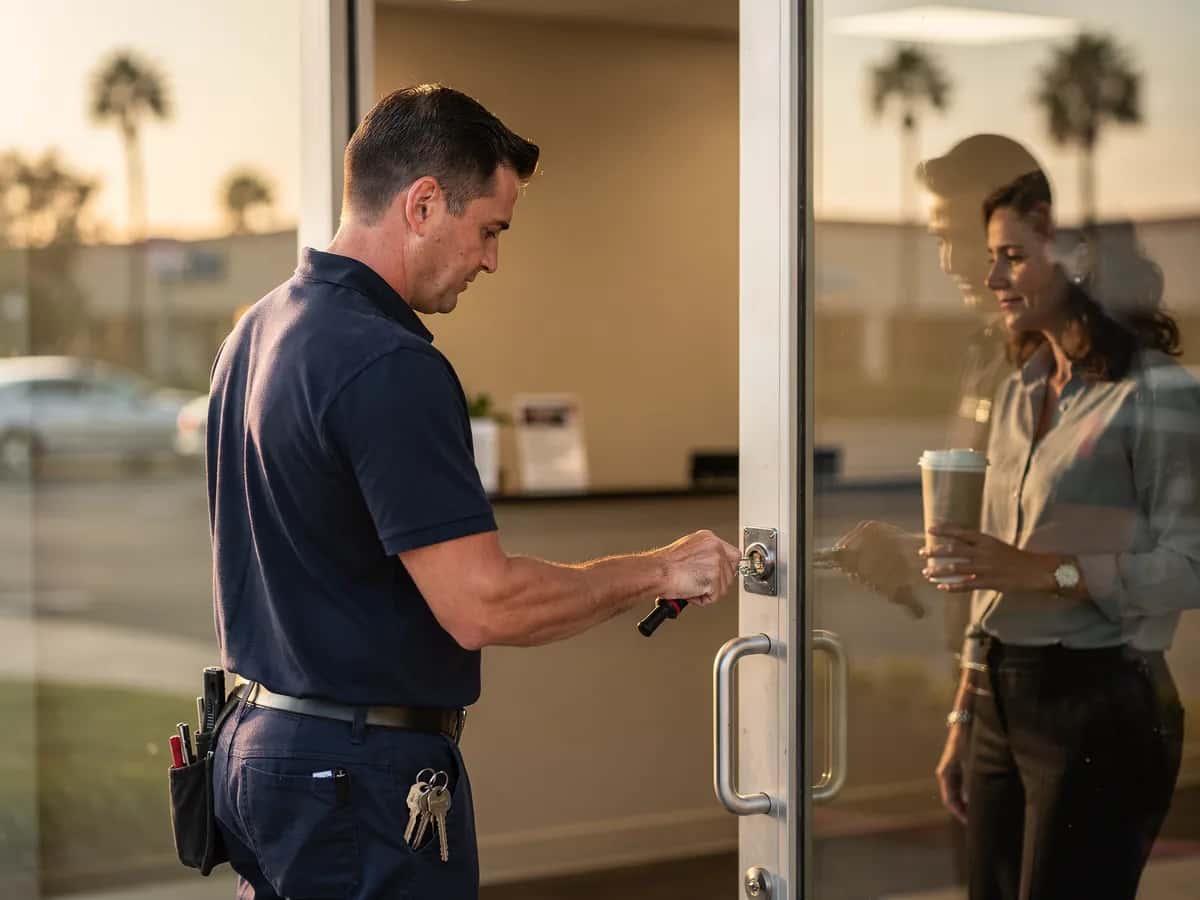 Locksmith opening a locked office suite door
