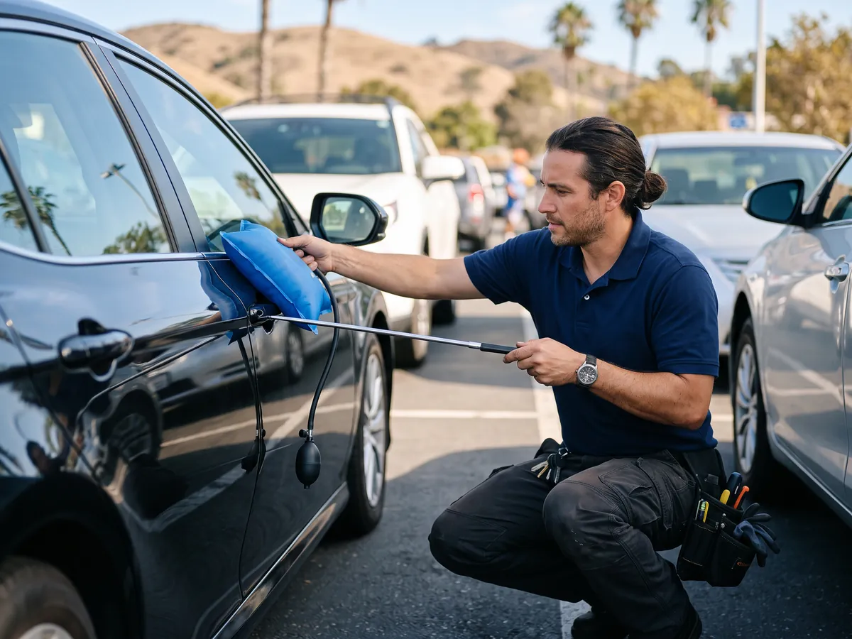 Car Lockout in Devore, CA — Locksmith unlocking a car door with an air wedge and reach tool