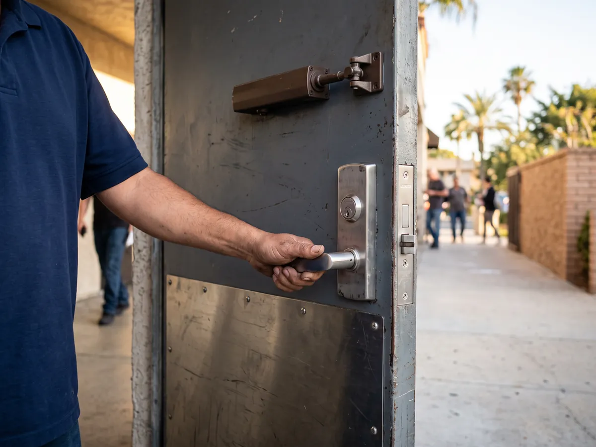 Heavy-duty commercial door hardware on a metal door: lever handle, mortise lock, kick plate and overhead closer