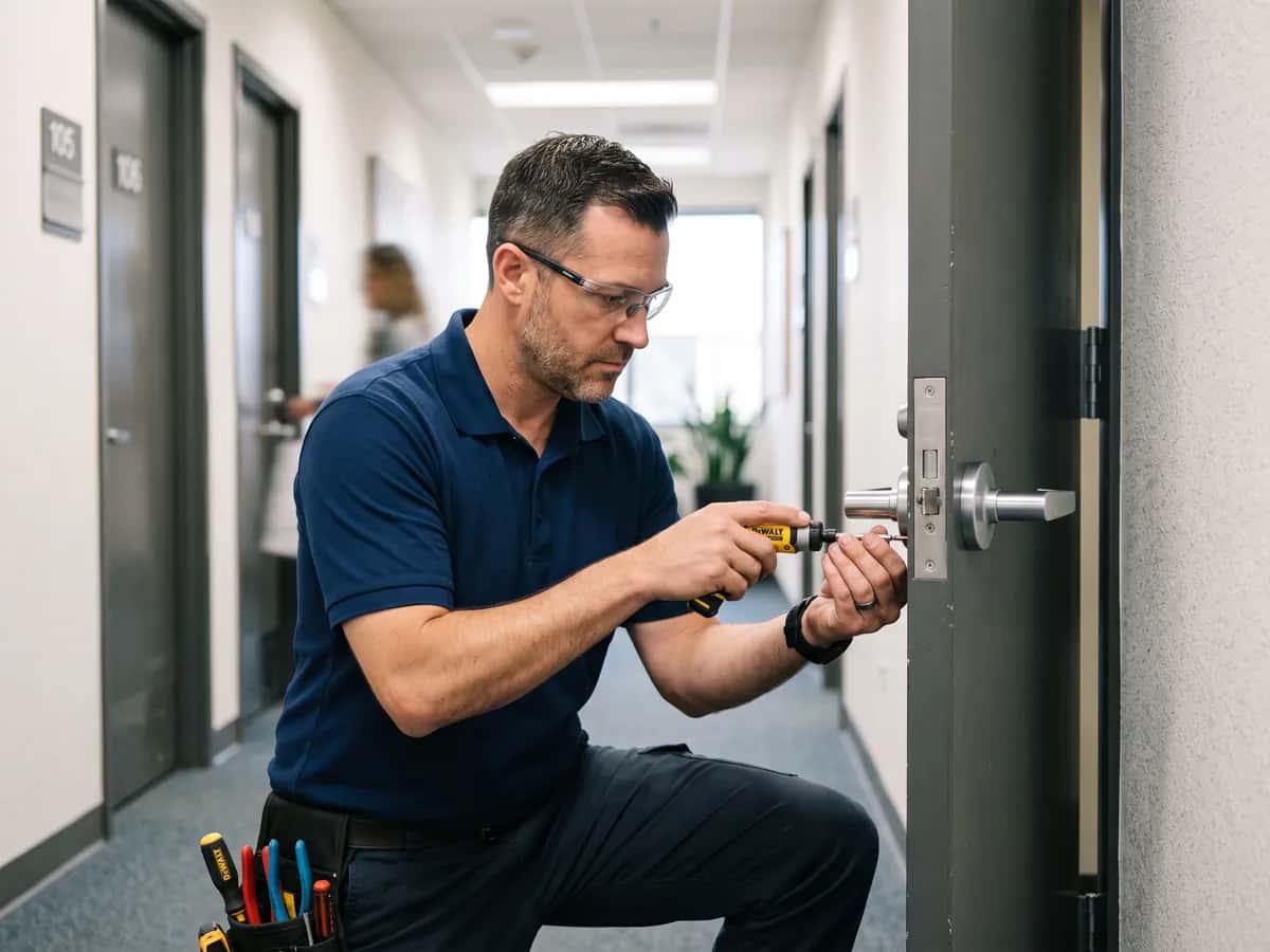 Commercial locksmith working on an office door lock