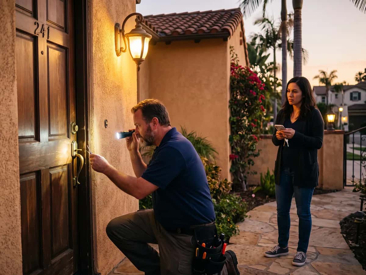 Emergency locksmith opening a locked front door at dusk