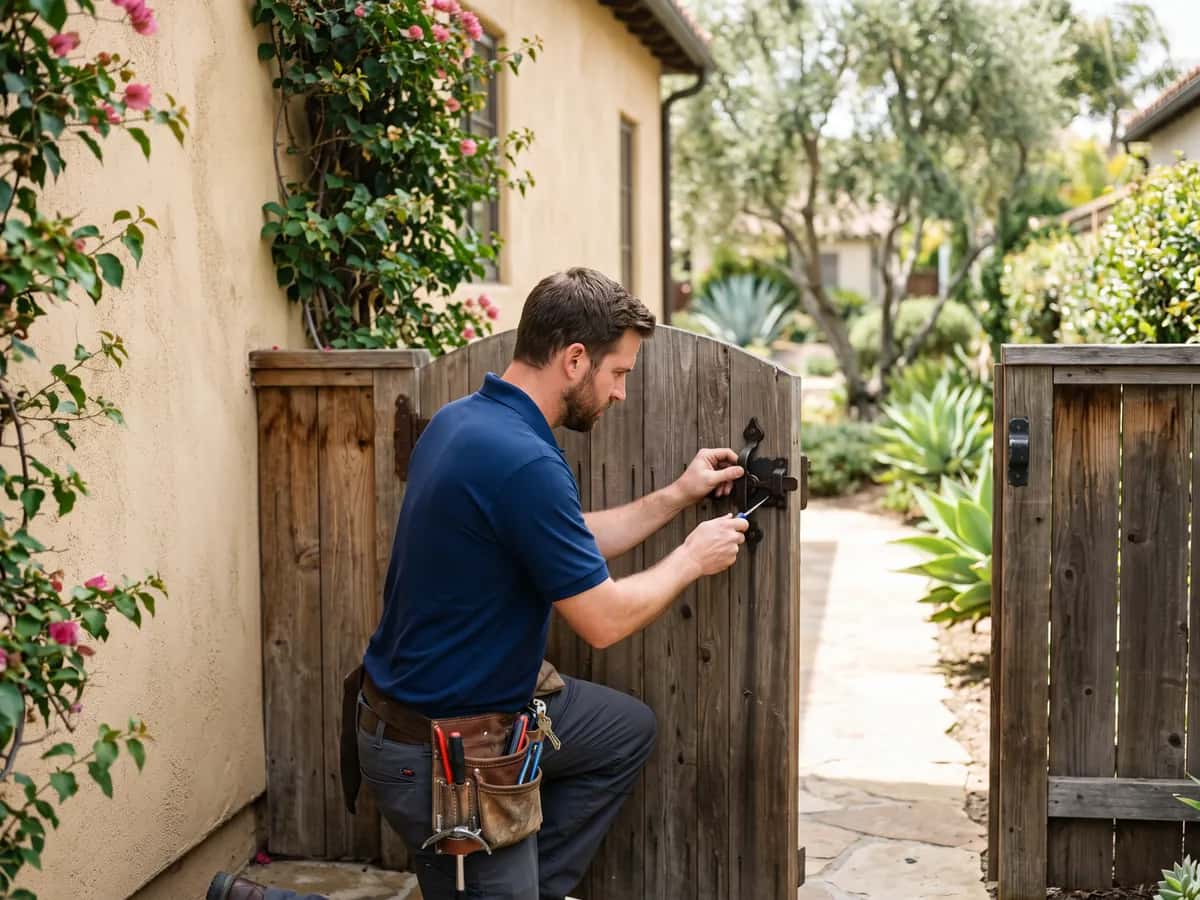 A locksmith adjusting a lockable gate latch on a wooden side yard gate of a stucco house