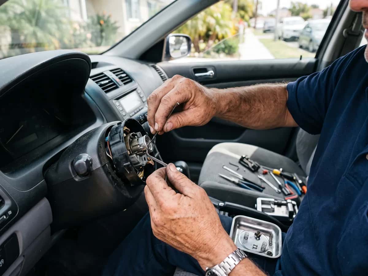Locksmith's hands repairing a steering column ignition cylinder inside a car, with tools resting on the seat