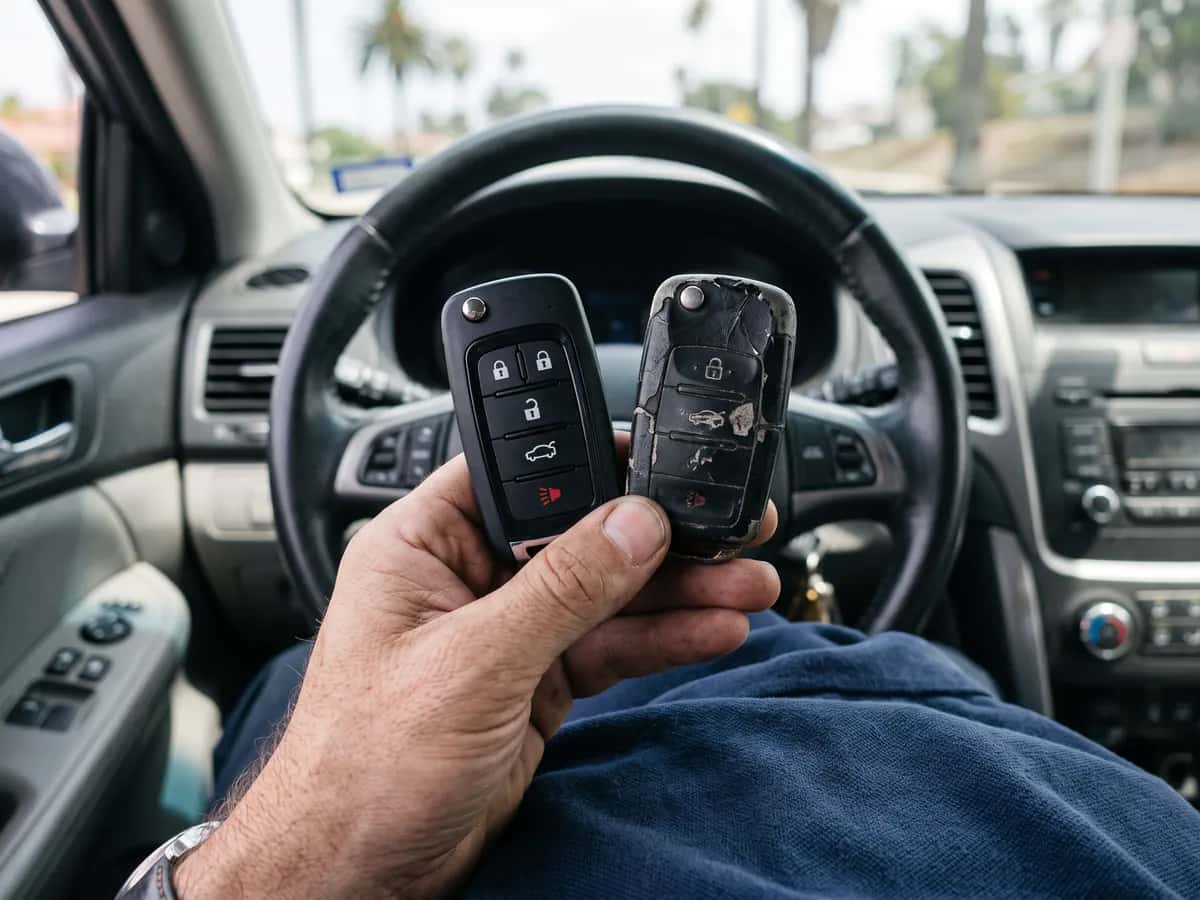 Hand holding a new smart key fob next to an old, worn fob with a cracked case inside a car
