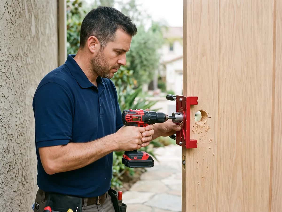 Professional lock installation on a new door