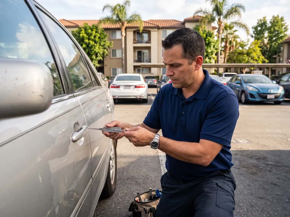 Locksmith programming a new transponder car key through the OBD-II port of a car in a Southern California driveway