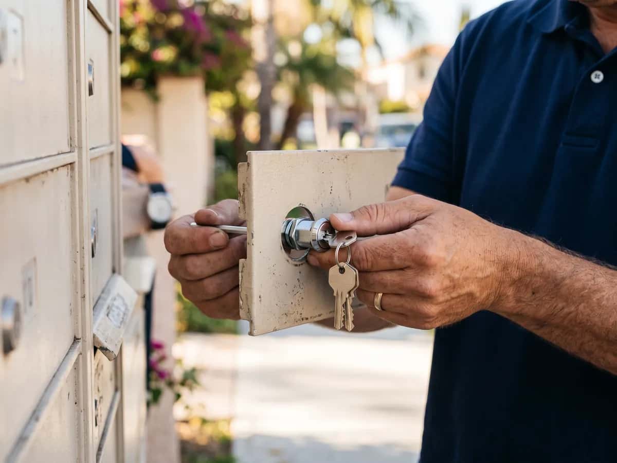 Close-up of a hand installing a new cam lock in a residential mailbox door with keys attached