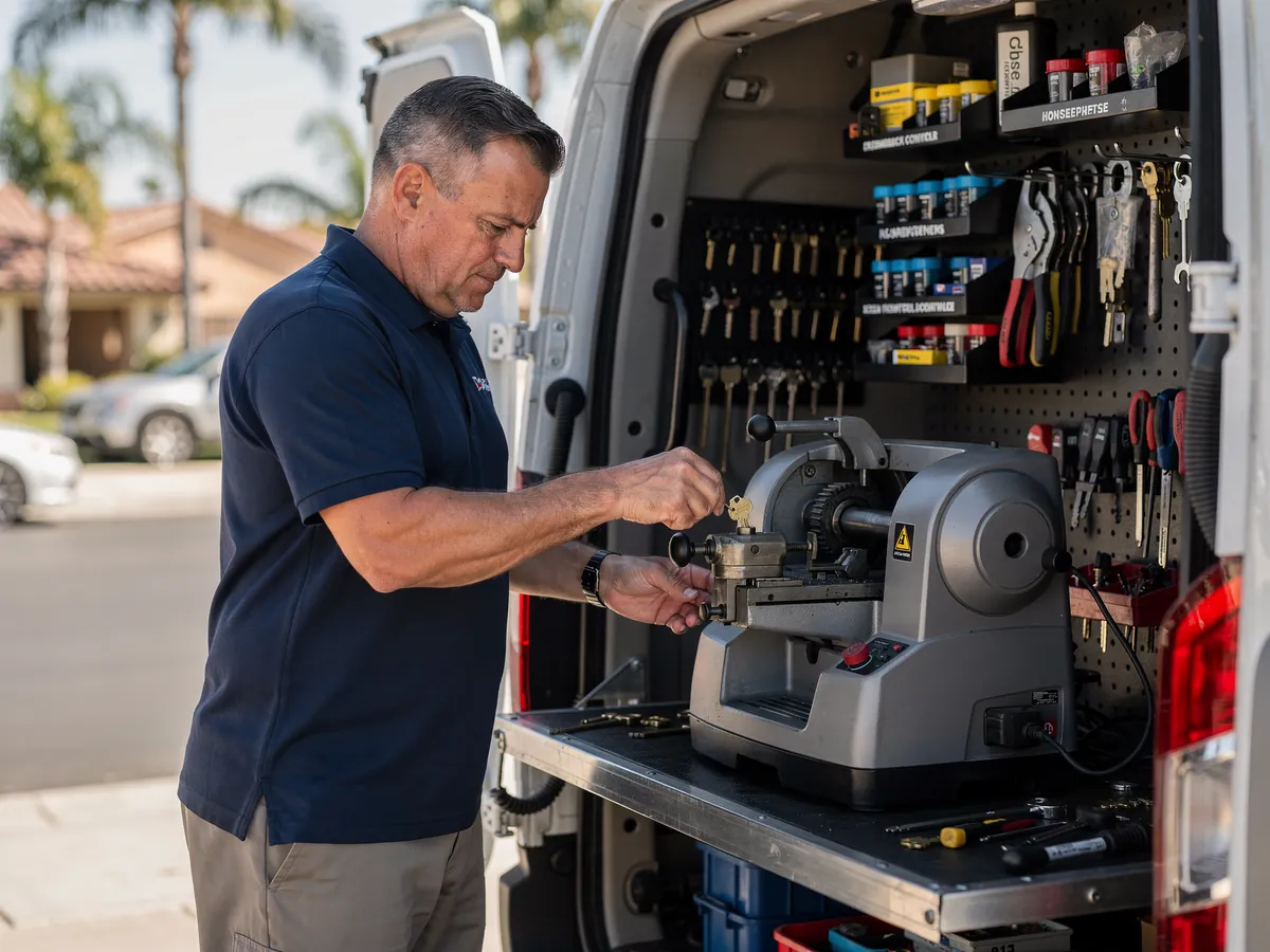 Mobile Locksmith in Cerritos, CA — Mobile locksmith cutting a key inside a service van