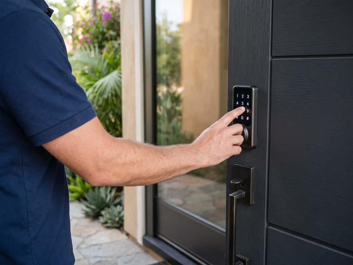 Smart lock with keypad on a modern front door