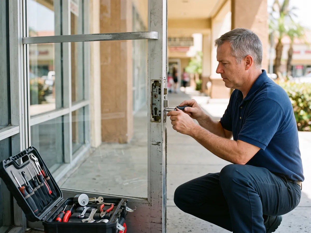 Storefront Door Lock Replacement in Arcadia, CA — Storefront lock repair on an aluminum door